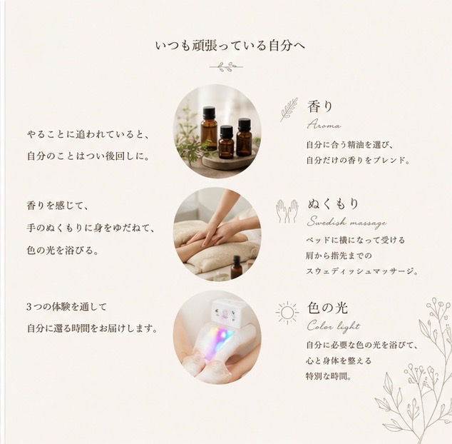 横浜・鶴見のitoma caféイベントで体験できる、精油を選ぶ香りのブレンド、肩から指先までのスウェディッシュマッサージ、自分に必要な色の光を浴びる3つの癒しの時間